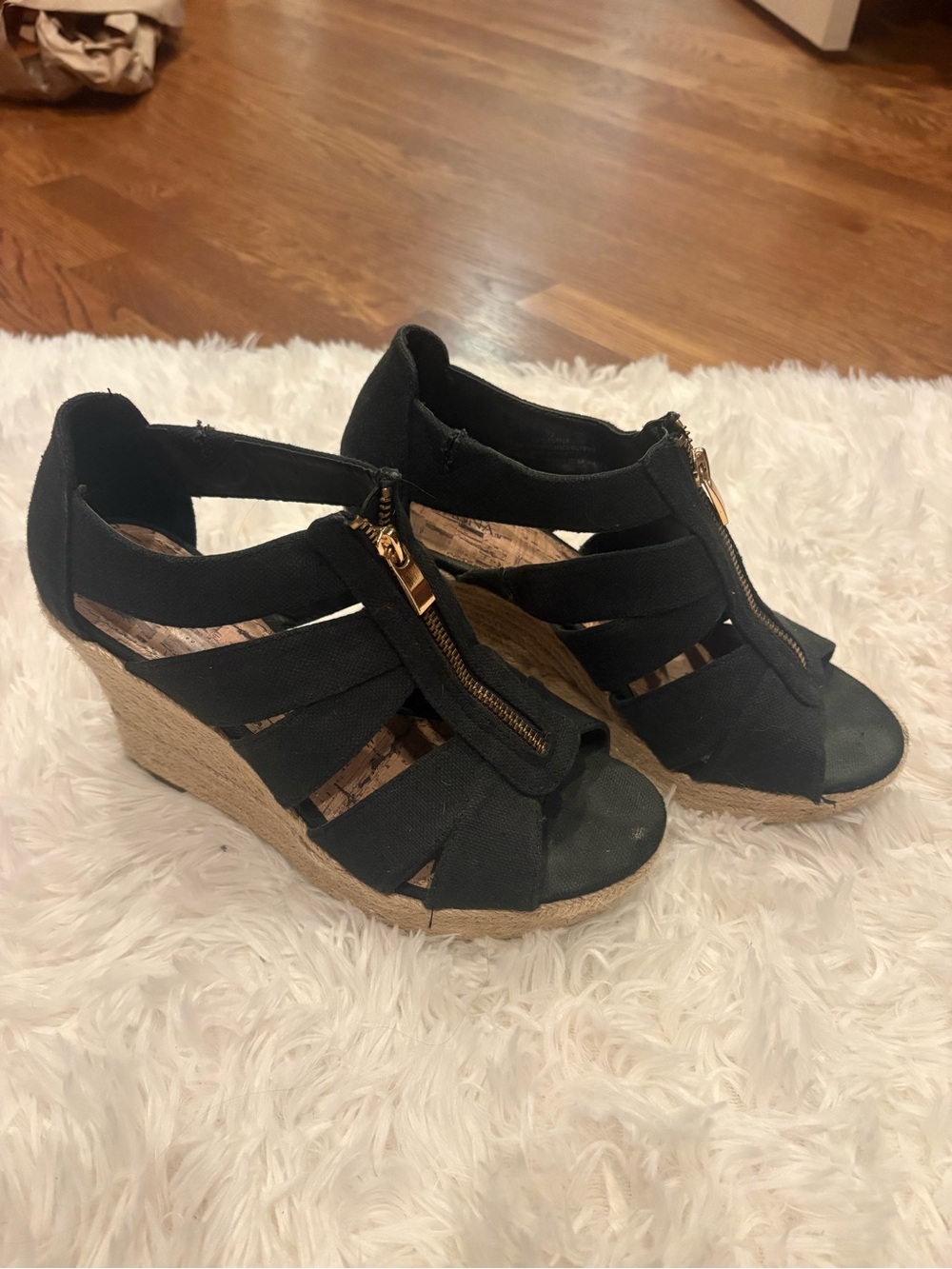 Women's Navy Wedge Sandals with Front Zipper
